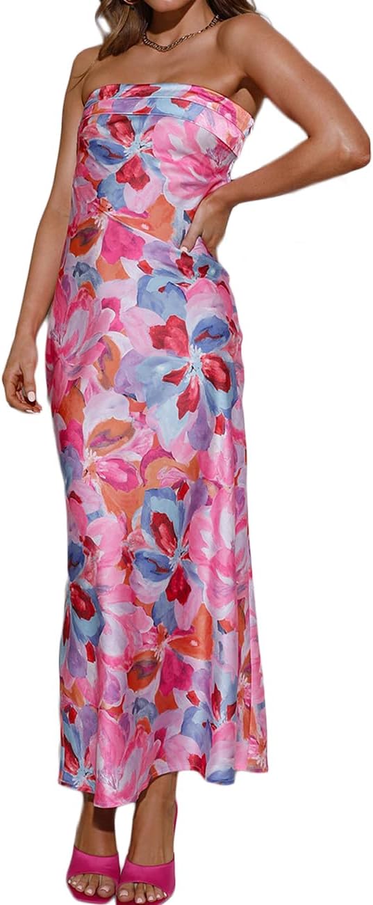 Satin Silk Backless Tube Tops Maxi Dress for Women Low Back Hollow Out Elegant Strapless Long Dresses Wedding Guest
