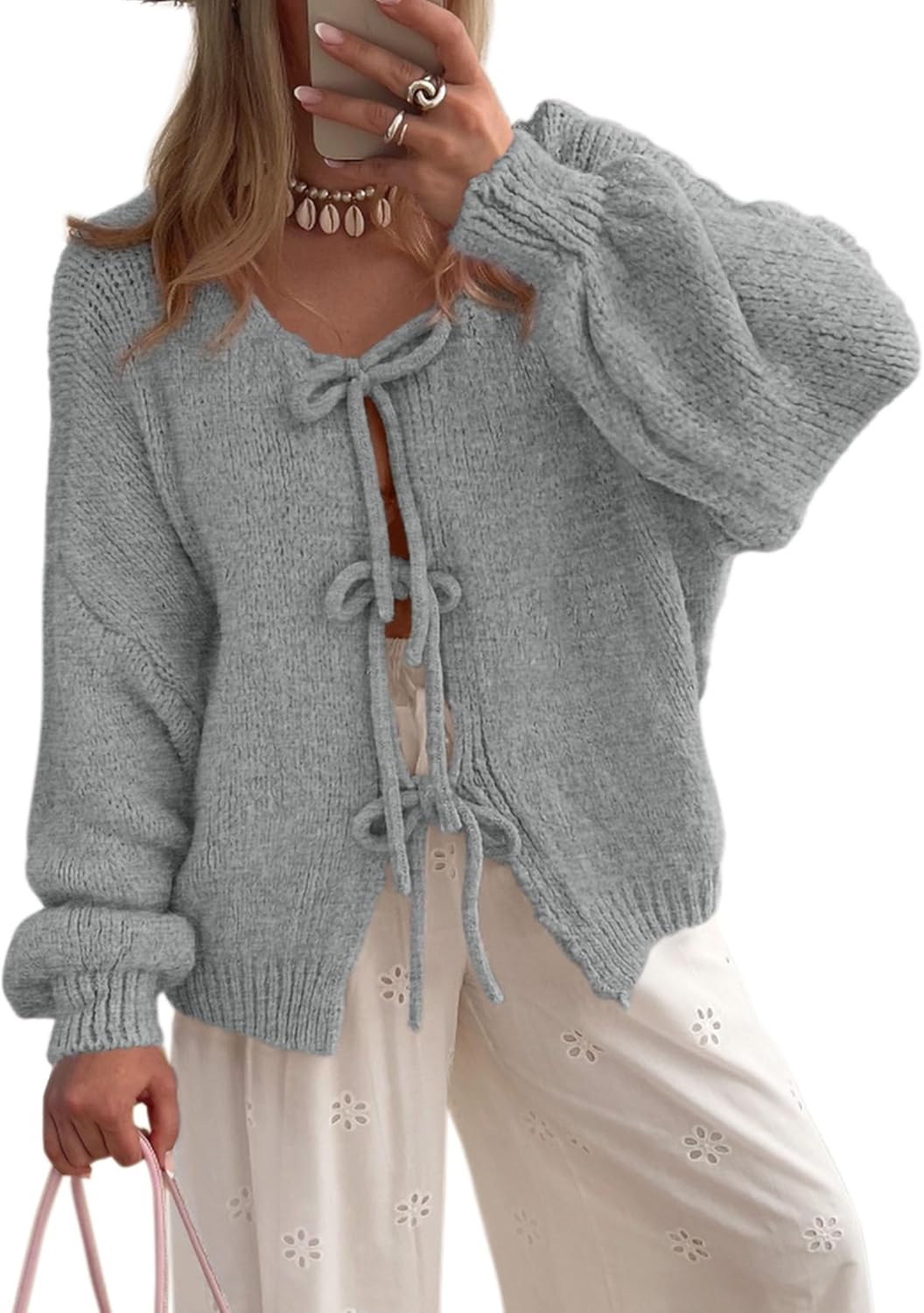 Women Tie Front Bow Cardigan Sweaters Chunky Knit Long Puff Sleeve Trendy Fall Winter Jacket Coats