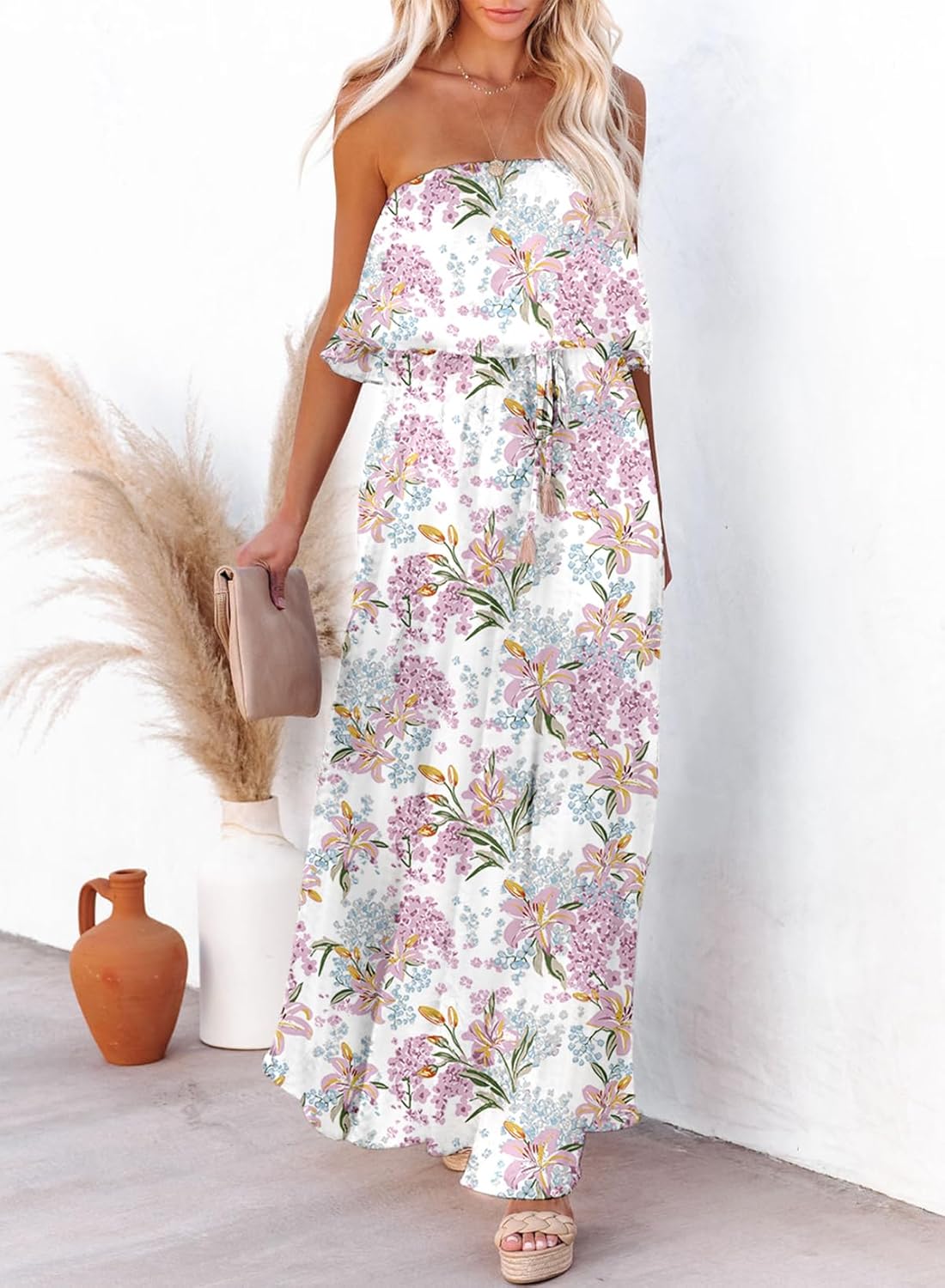 Womens Strapless Dresses Casual Summer High Waist Side Split Flowy Boho Maxi Dress - Image 2