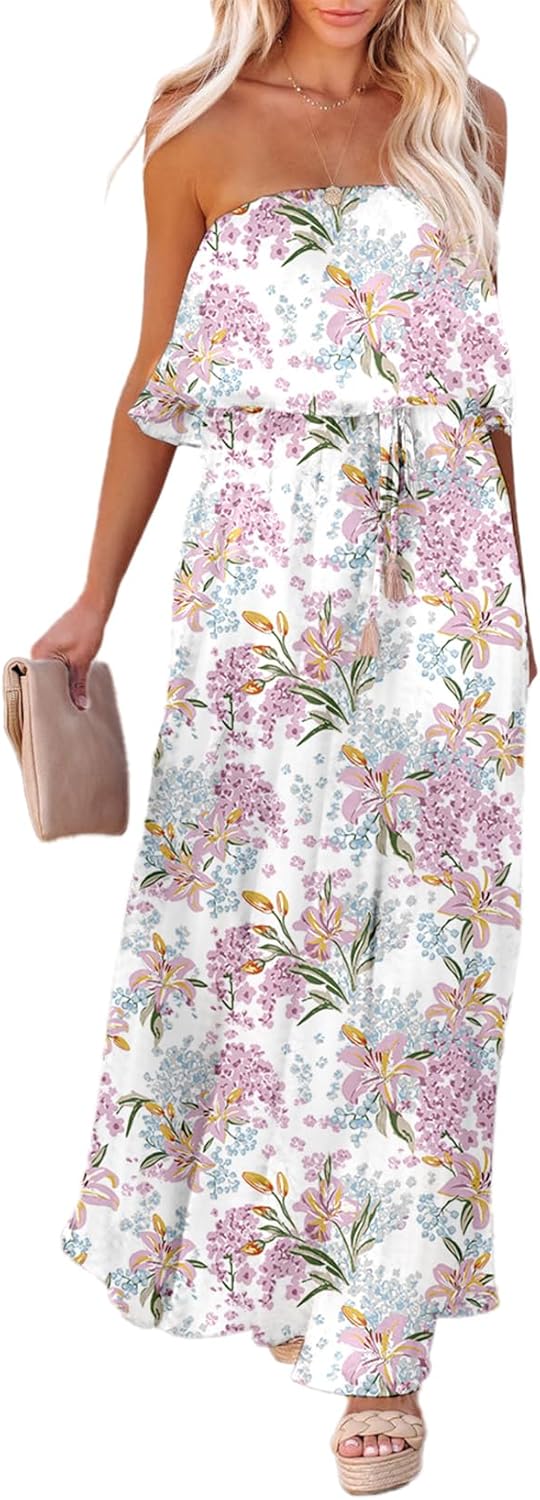 Womens Strapless Dresses Casual Summer High Waist Side Split Flowy Boho Maxi Dress