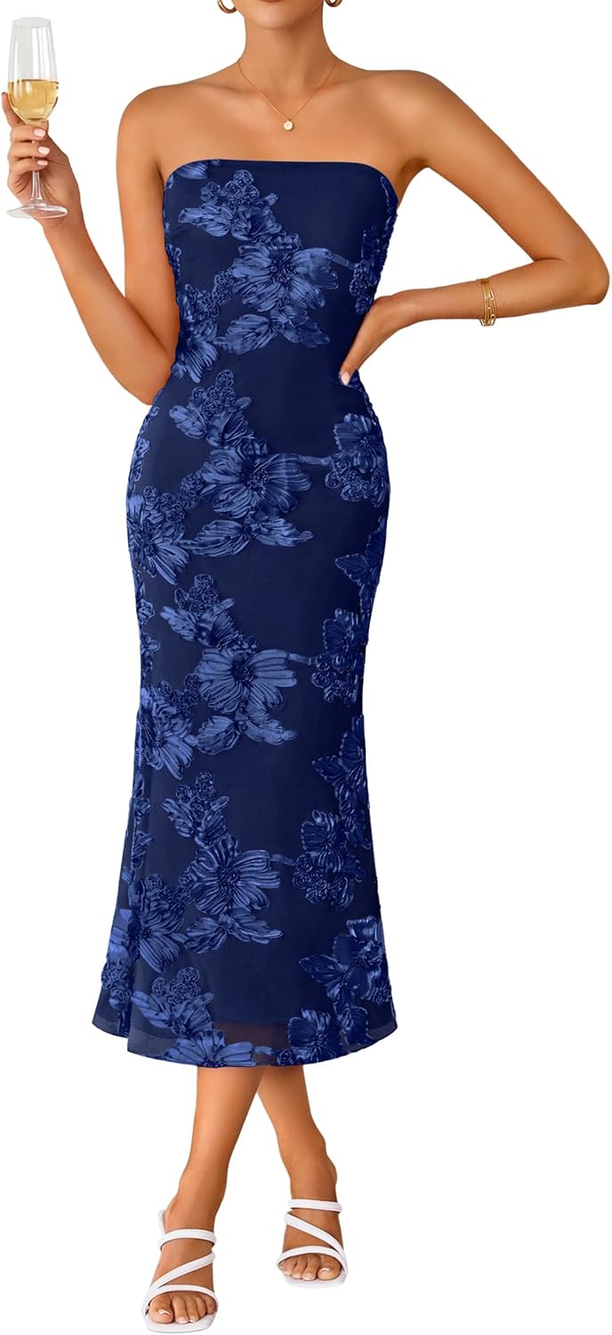Women's Summer Strapless Floral Midi Dress 2026 Bodycon Mesh Tube Wedding Guest Cocktail Party Formal Dresses