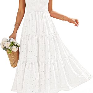 Womens 2026 Summer Boho Strapless Midi Dresses Off Shoulder Smocked Eyelet Wedding Guest Beach Long Dress Pockets