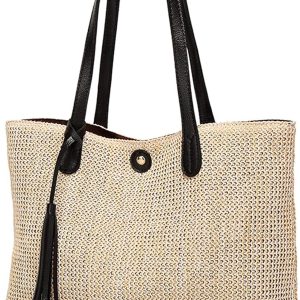 Women's Summer Beach Straw Bucket Tote Bag With Tassel Shoulder Bag Purse